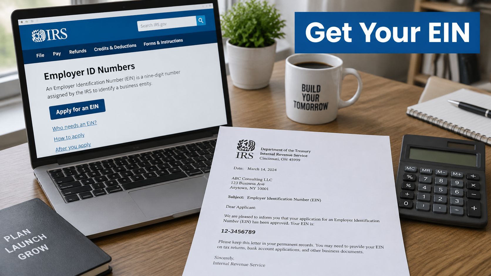 How Do You Incorporate a Business in 2026 A laptop screen showing the IRS website for getting an EIN next to an official EIN approval letter.